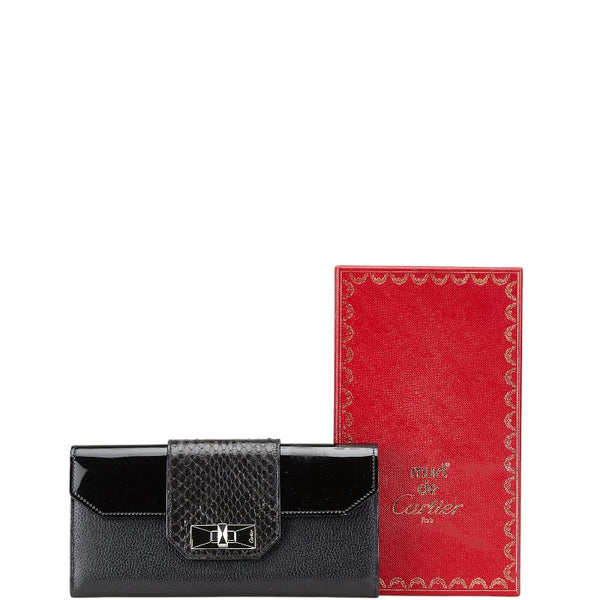 カルティエ パヴィリオン クラシックフェミニン パイソン 長財布 L3001135 ブラック エナメル レザー レディース CARTIER 【中古】