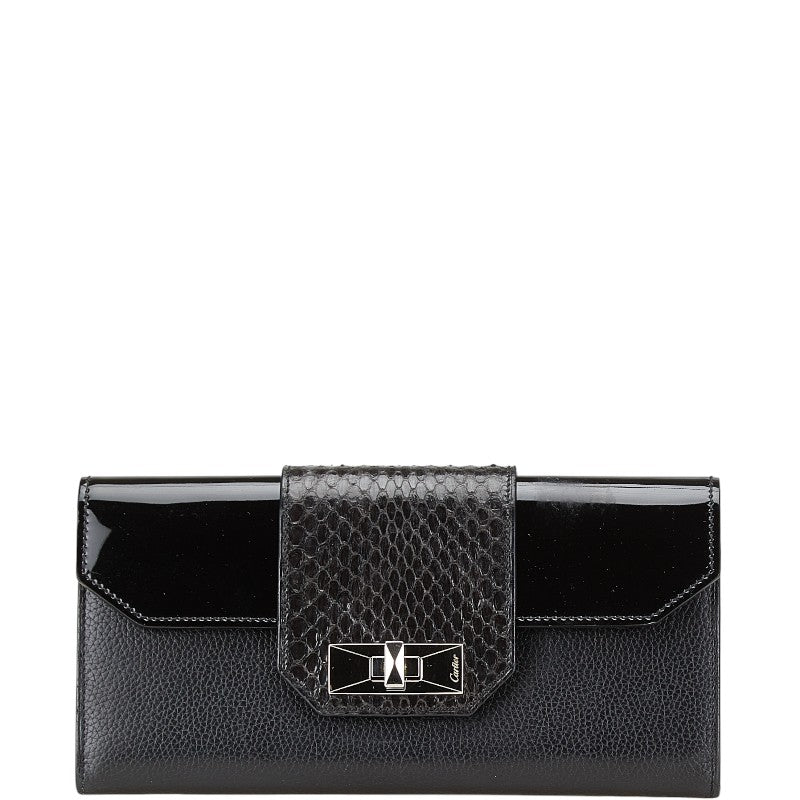 カルティエ パヴィリオン クラシックフェミニン パイソン 長財布 L3001135 ブラック エナメル レザー レディース CARTIER 【中古】