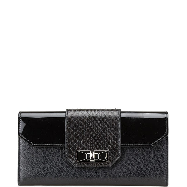 カルティエ パヴィリオン クラシックフェミニン パイソン 長財布 L3001135 ブラック エナメル レザー レディース CARTIER 【中古】