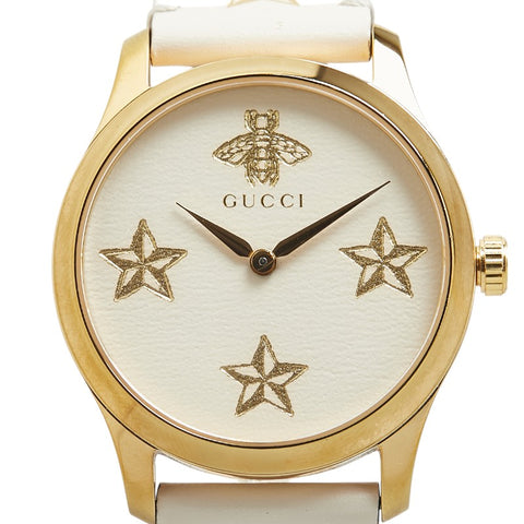 グッチ Gタイムレス 星 スター 蜂 ビー モチーフ 腕時計 126.4 クオーツ ベージュ文字盤 ステンレススチール レザー レディース GUCCI 【中古】