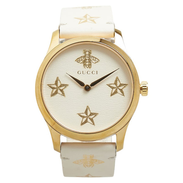 グッチ Gタイムレス 星 スター 蜂 ビー モチーフ 腕時計 126.4 クオーツ ベージュ文字盤 ステンレススチール レザー レディース GUCCI 【中古】