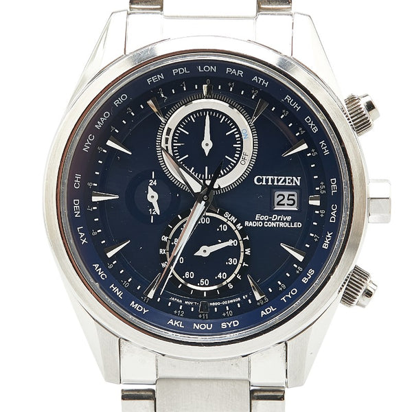 シチズン 腕時計 AT8260-85L エコドライブ電波時計 ネイビー文字盤 ステンレススチール メンズ CITIZEN 【中古】