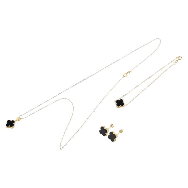 クローバー ネックレス ブレスレット ピアス 3点セット ブラック K18YG イエローゴールド レディース 【中古】