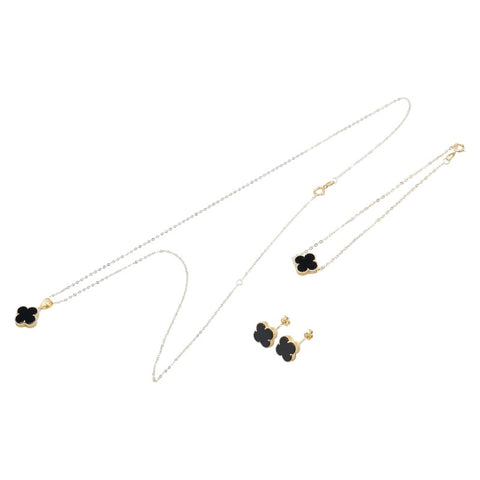 クローバー ネックレス ブレスレット ピアス 3点セット ブラック K18YG イエローゴールド レディース 【中古】