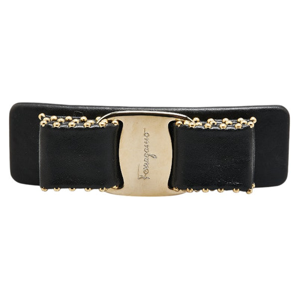 サルヴァトーレフェラガモ ヴァラリボン スタッズ バレッタ ブラック レザー メッキ レディース Salvatore Ferragamo 【中古】