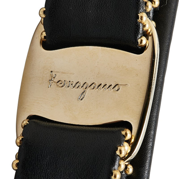 サルヴァトーレフェラガモ ヴァラリボン スタッズ バレッタ ブラック レザー メッキ レディース Salvatore Ferragamo 【中古】