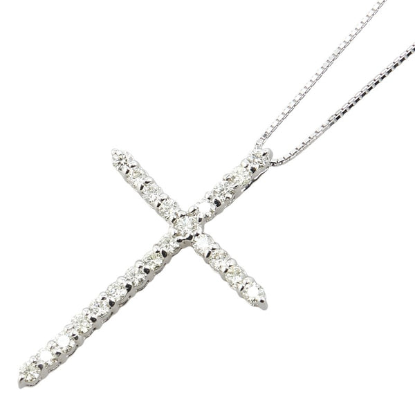 K18WG ホワイトゴールド ダイヤ0.81ct クロス 十字架 モチーフ ベネチアン チェーン ネックレス レディース 【中古】