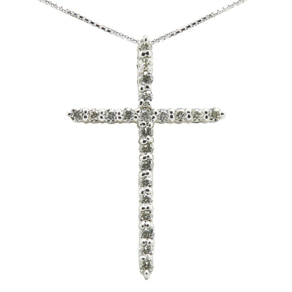 K18WG ホワイトゴールド ダイヤ0.81ct クロス 十字架 モチーフ ベネチアン チェーン ネックレス レディース 【中古】