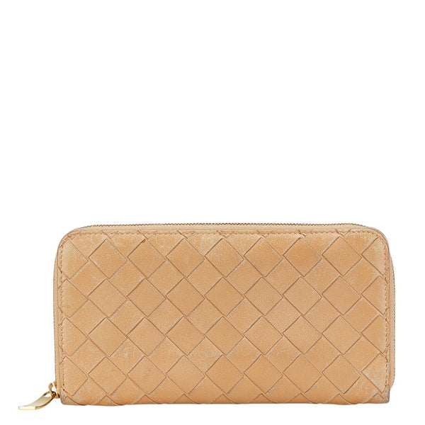ボッテガヴェネタ イントレチャート ラウンドファスナー 長財布 ベージュ レザー レディース BOTTEGAVENETA 【中古】