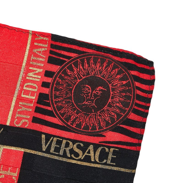 ヴェルサーチェ ロゴ サンバースト スカーフ ハンカチ レッド ブラック コットン レディース VERSACE 【中古】