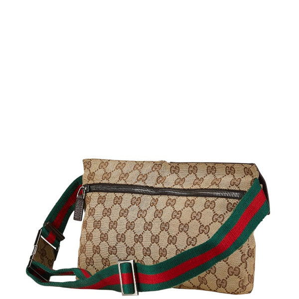 グッチ GGキャンバス シェリーライン ボディバッグ ウエストバッグ 28566 ベージュ ブラウン キャンバス レザー レディース GUCCI 【中古】