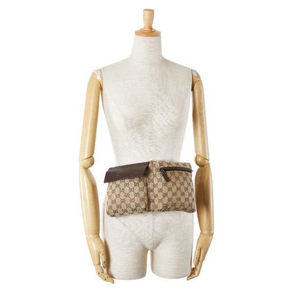 グッチ GGキャンバス シェリーライン ボディバッグ ウエストバッグ 28566 ベージュ ブラウン キャンバス レザー レディース GUCCI 【中古】