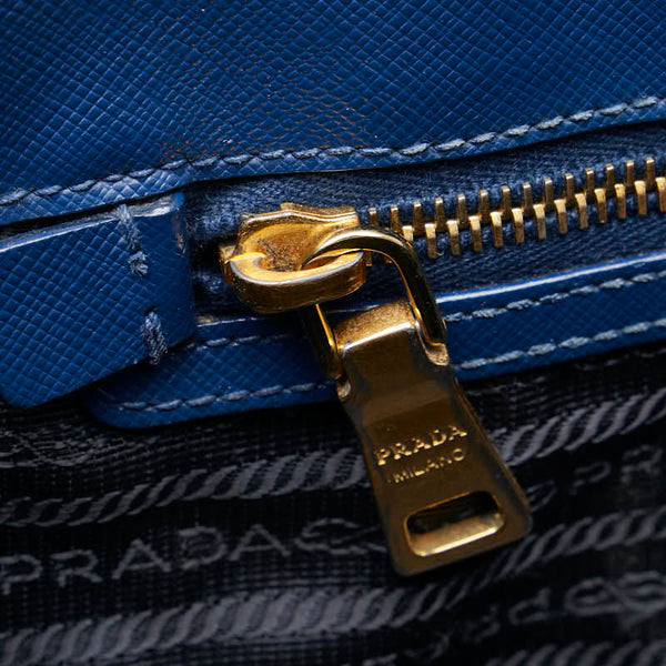 プラダ 三角ロゴプレート サフィアーノ ハンドバッグ トートバッグ ブルー レザー レディース PRADA 【中古】