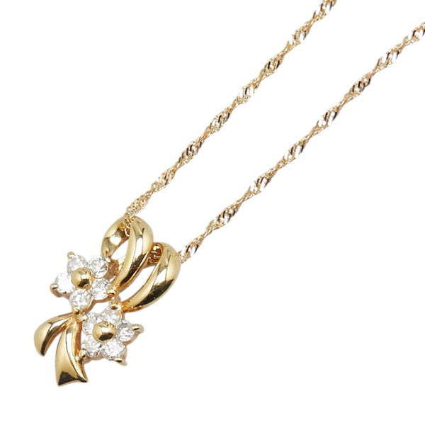 K18YG イエローゴールド ダイヤ0.20ct フラワー 花 リボン モチーフ ペンダントネックレス レディース 【中古】