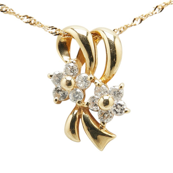 K18YG イエローゴールド ダイヤ0.20ct フラワー 花 リボン モチーフ ペンダントネックレス レディース 【中古】