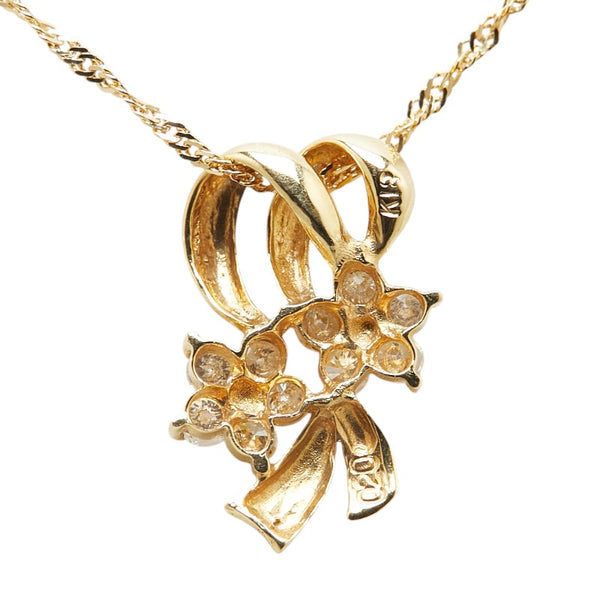 K18YG イエローゴールド ダイヤ0.20ct フラワー 花 リボン モチーフ ペンダントネックレス レディース 【中古】