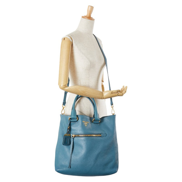 プラダ ロゴ金具 トートバッグ ショルダーバッグ 2WAY ブルー レザー レディース PRADA 【中古】