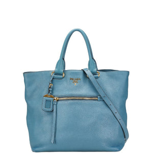プラダ ロゴ金具 トートバッグ ショルダーバッグ 2WAY ブルー レザー レディース PRADA 【中古】