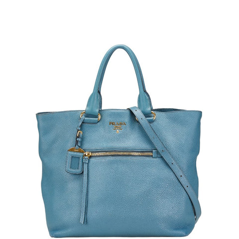 プラダ ロゴ金具 トートバッグ ショルダーバッグ 2WAY ブルー レザー レディース PRADA 【中古】