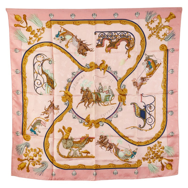 エルメス カレ90 Grelots Plumes 羽根飾りと鈴 スカーフ ピンク マルチカラー レディース HERMES 【中古】
