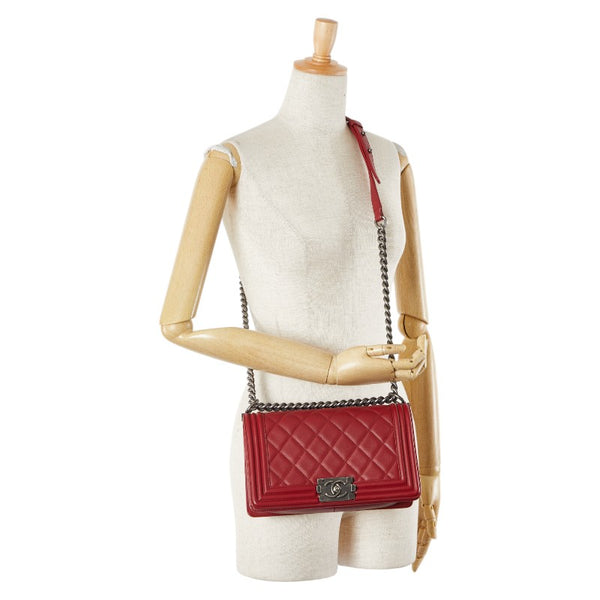 シャネル ココマーク ボーイシャネル25 斜め掛け チェーン ショルダーバッグ レッド ラムスキン レディース CHANEL 【中古】