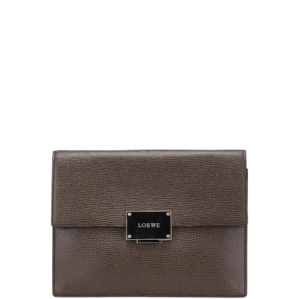 ロエベ ロゴプレート クラッチバッグ ブラウン シルバー レザー メンズ LOEWE 【中古】