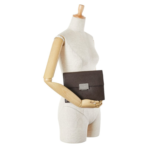 ロエベ ロゴプレート クラッチバッグ ブラウン シルバー レザー メンズ LOEWE 【中古】