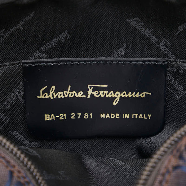 サルヴァトーレフェラガモ ガンチーニ柄 斜め掛け ショルダーバッグ BA-21 2781 ブラウン ネイビー キャンバス レザー レディース Salvatore Ferragamo 【中古】