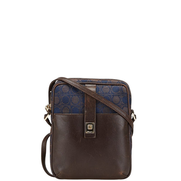 サルヴァトーレフェラガモ ガンチーニ柄 斜め掛け ショルダーバッグ BA-21 2781 ブラウン ネイビー キャンバス レザー レディース Salvatore Ferragamo 【中古】