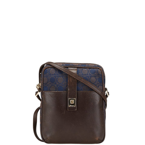 サルヴァトーレフェラガモ ガンチーニ柄 斜め掛け ショルダーバッグ BA-21 2781 ブラウン ネイビー キャンバス レザー レディース Salvatore Ferragamo 【中古】