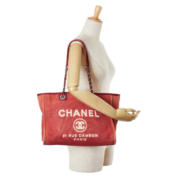 シャネル ドーヴィルラインMM ココマーク チェーン ショルダーバッグ トートバッグ レッド キャンバス レザー レディース CHANEL 【中古】