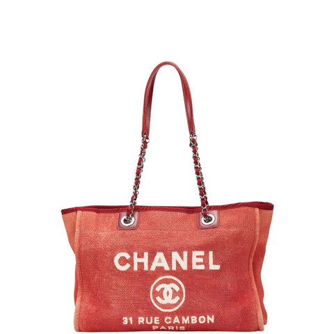シャネル ドーヴィルラインMM ココマーク チェーン ショルダーバッグ トートバッグ レッド キャンバス レザー レディース CHANEL 【中古】