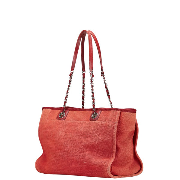 シャネル ドーヴィルラインMM ココマーク チェーン ショルダーバッグ トートバッグ レッド キャンバス レザー レディース CHANEL 【中古】