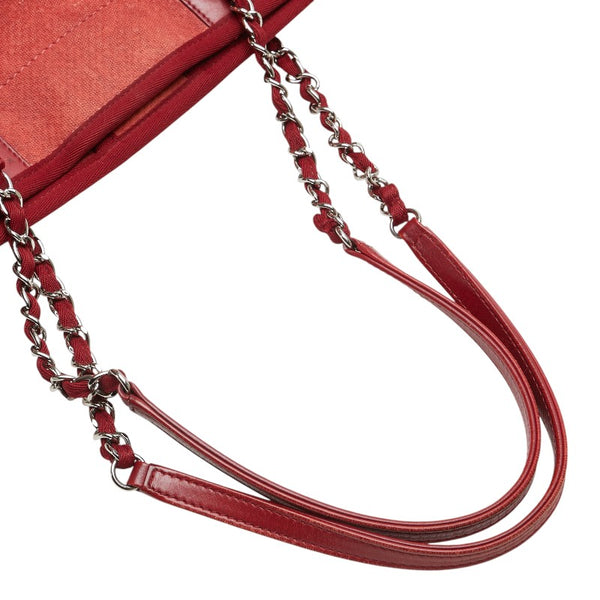 シャネル ドーヴィルラインMM ココマーク チェーン ショルダーバッグ トートバッグ レッド キャンバス レザー レディース CHANEL 【中古】