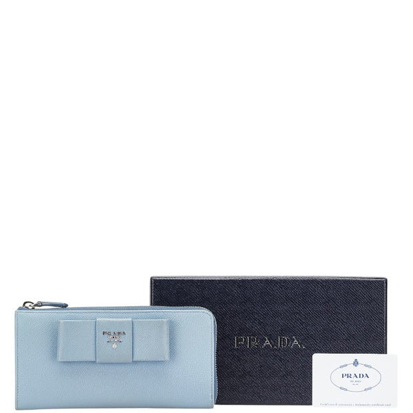 プラダ フィオッコ リボンモチーフ L字ファスナー 長財布 1ML183 ライトブルー サフィアーノレザー レディース PRADA 【中古】