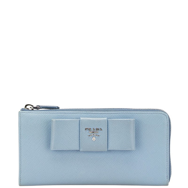 プラダ フィオッコ リボンモチーフ L字ファスナー 長財布 1ML183 ライトブルー サフィアーノレザー レディース PRADA 【中古】