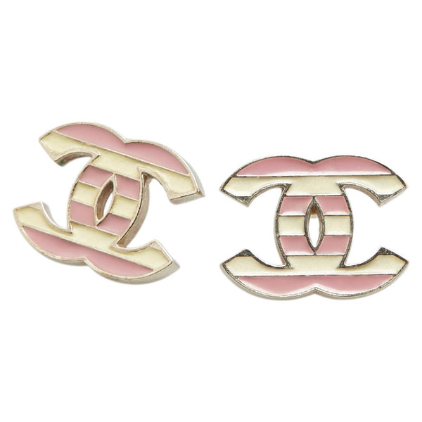 シャネル ココマーク ボーダー スタッド ピアス シルバー ベージュ ピンク メタル レディース CHANEL 【中古】