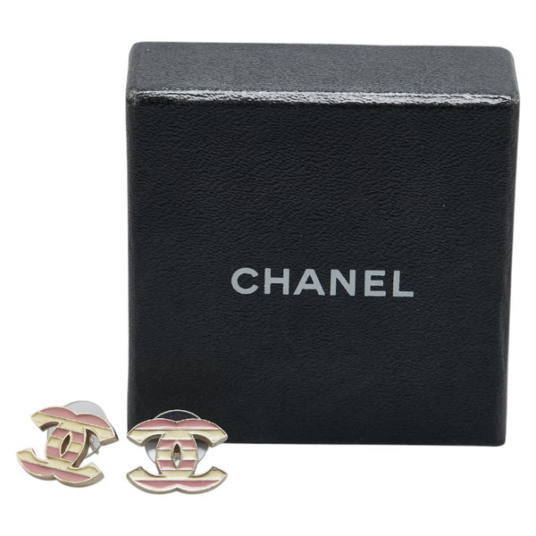 シャネル ココマーク ボーダー スタッド ピアス シルバー ベージュ ピンク メタル レディース CHANEL 【中古】