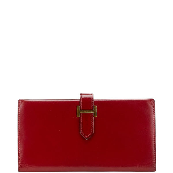 エルメス ベアン クラシック  長財布 レッド ボックスカーフ レディース HERMES 【中古】