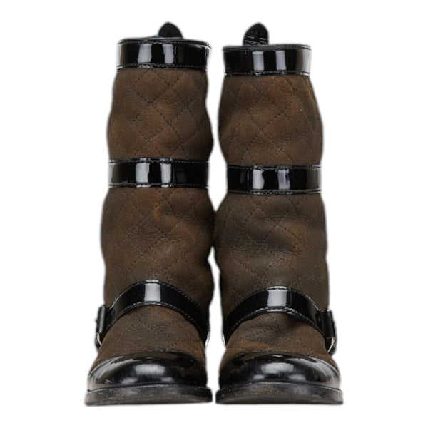 シャネル ココマーク キルティング ブーツ サイズ：35 1/2 C ブラウン ブラック ムートン パテントレザー レディース CHANEL 【中古】