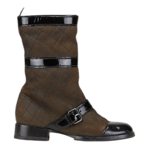 シャネル ココマーク キルティング ブーツ サイズ：35 1/2 C ブラウン ブラック ムートン パテントレザー レディース CHANEL 【中古】