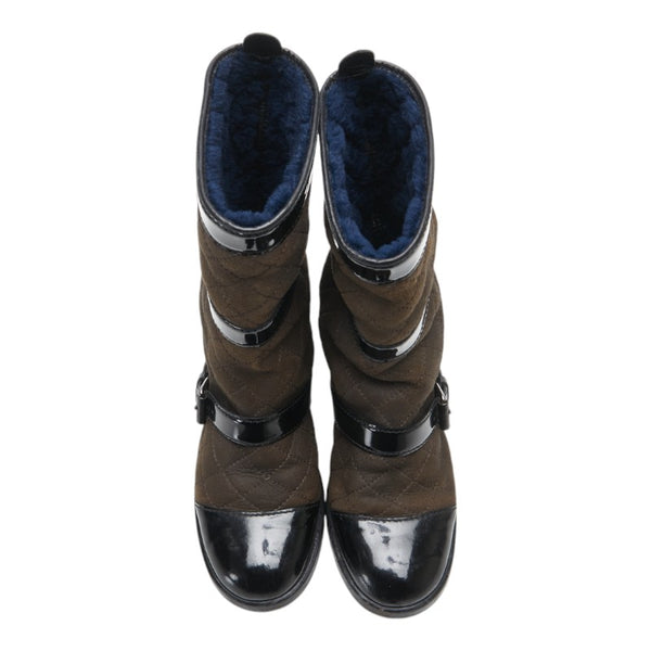 シャネル ココマーク キルティング ブーツ サイズ：35 1/2 C ブラウン ブラック ムートン パテントレザー レディース CHANEL 【中古】