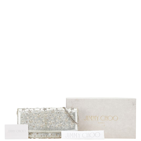 ジミーチュウ スタッズ 星 チェーン ウォレット 長財布 シルバー レザー レディース JIMMY CHOO 【中古】