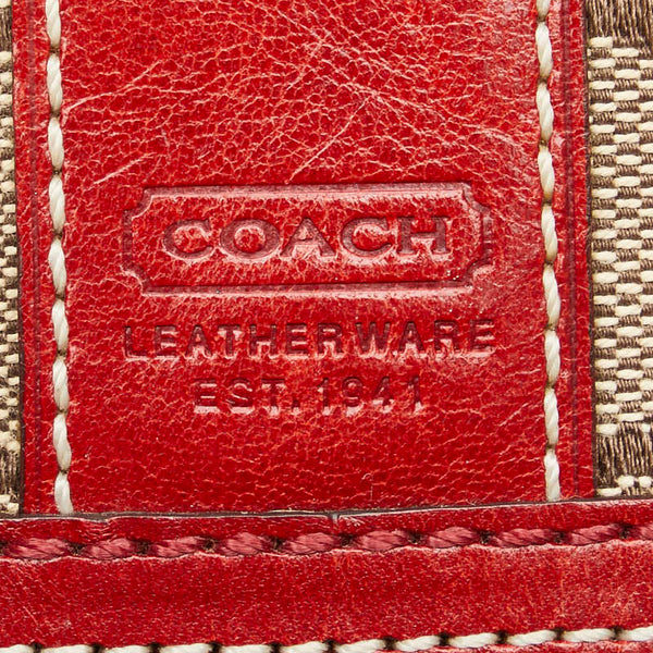 コーチ シグネチャー 二つ折り財布 ベージュ レッド キャンバス レザー レディース COACH 【中古】