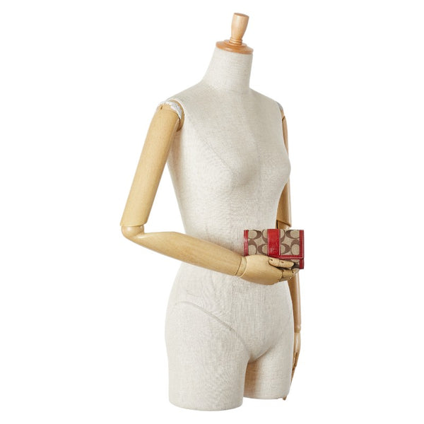 コーチ シグネチャー 二つ折り財布 ベージュ レッド キャンバス レザー レディース COACH 【中古】