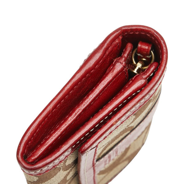 コーチ シグネチャー 二つ折り財布 ベージュ レッド キャンバス レザー レディース COACH 【中古】