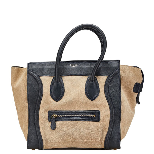 セリーヌ ラゲージ ミニ ショッパー ハンドバッグ トートバッグ ベージュ ネイビー系 スウェード レザー レディース CELINE 【中古】
