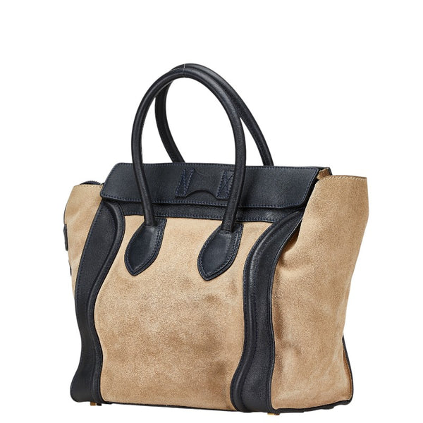 セリーヌ ラゲージ ミニ ショッパー ハンドバッグ トートバッグ ベージュ ネイビー系 スウェード レザー レディース CELINE 【中古】