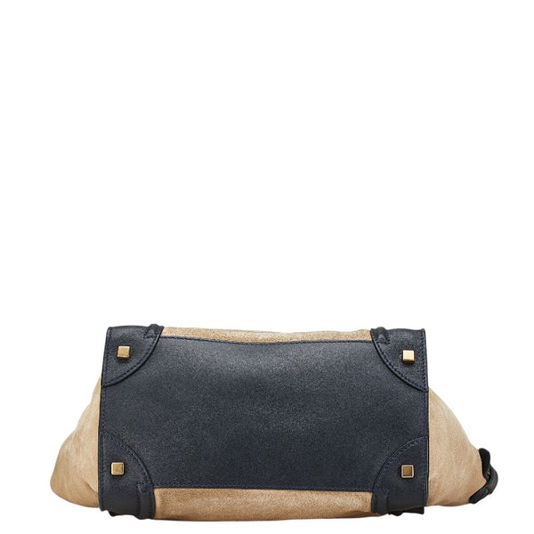 セリーヌ ラゲージ ミニ ショッパー ハンドバッグ トートバッグ ベージュ ネイビー系 スウェード レザー レディース CELINE 【中古】