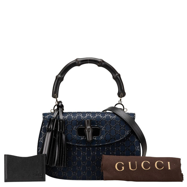 グッチ ×印伝 ニューバンブー ハンドバッグ ショルダーバッグ 2WAY 396877 ネイビー ブラック レザー レディース GUCCI 【中古】